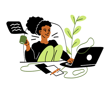 Freelance people working. Girl sitting at laptop.Character in comfortable workplace. Woman at home, distance learning and remote worker. SMM or SEO specialist.